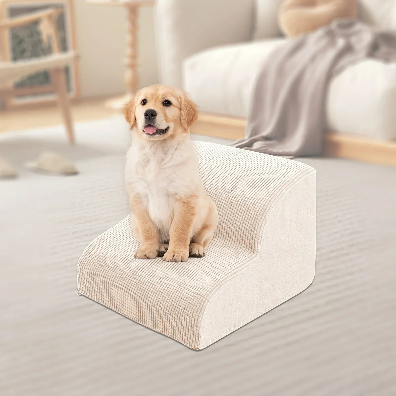 Orthopedic Dog Steps with Removable Covers Eco-PU Padding Non-Slip Diamond Treads 2/3/4 Tier Pet Stairs for Elderly Dogs.LABUBO. with a puppy.