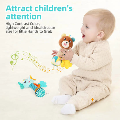 soft baby rattle toy for toddlers, plush animal hand grip rattle for sensory play and travel gifts