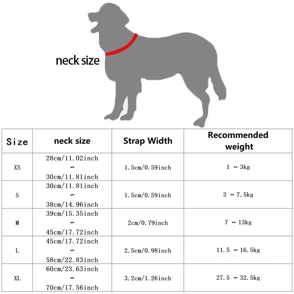 reflective adjustable dog collar size chart for small, medium, and large dogs with neck measurements