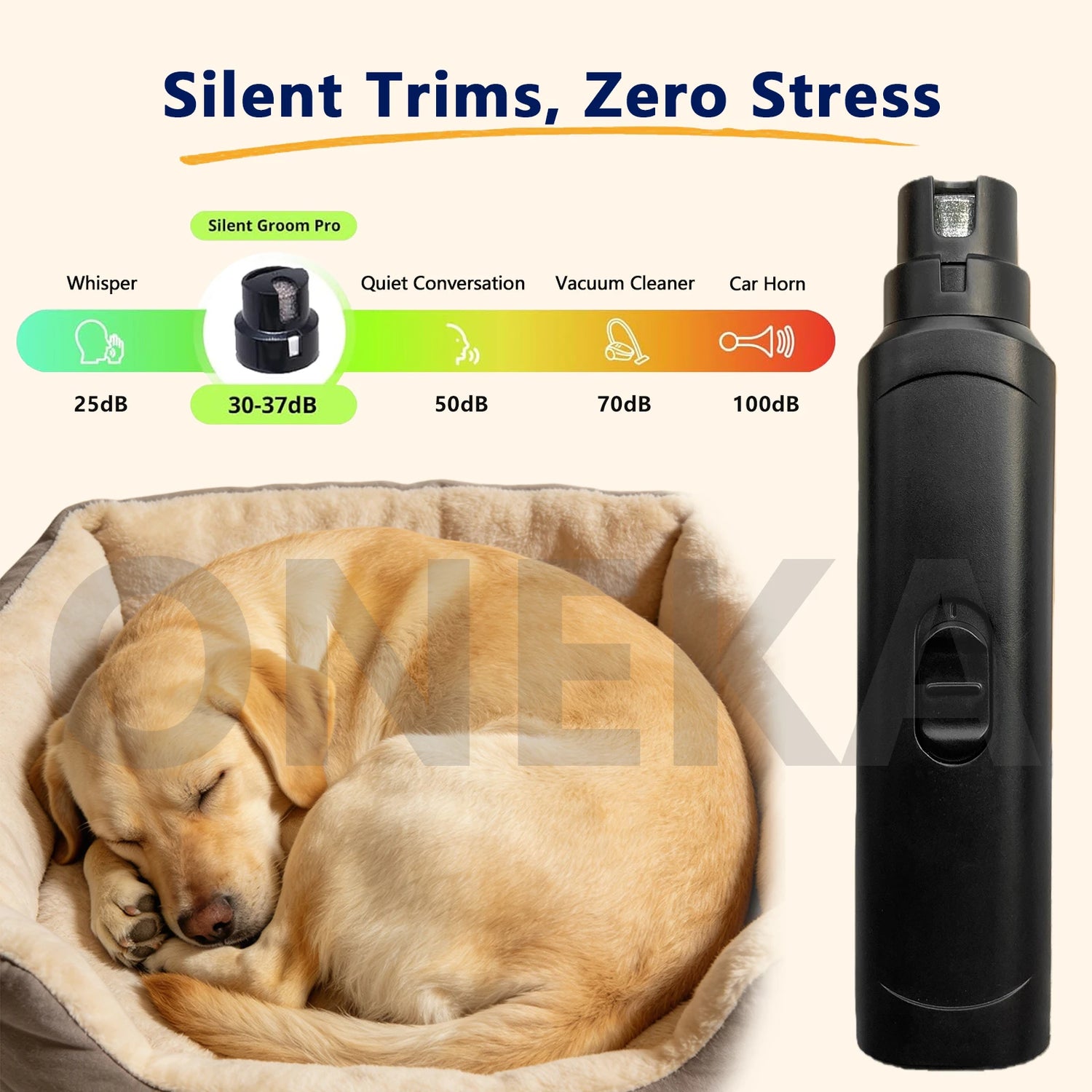 quiet pet nail grinder for dogs and cats, silent grooming tool shown beside a sleeping puppy