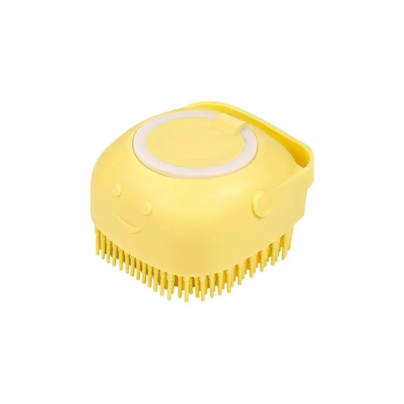 Yellow dog bathing brush with shampoo dispenser rubber bristle pet massage grooming tool for dogs and cats