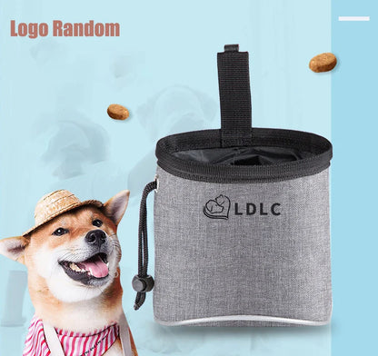 Gray dog treat pouch with LDLC logo, dog treats, and smiling dog in hat on blue background