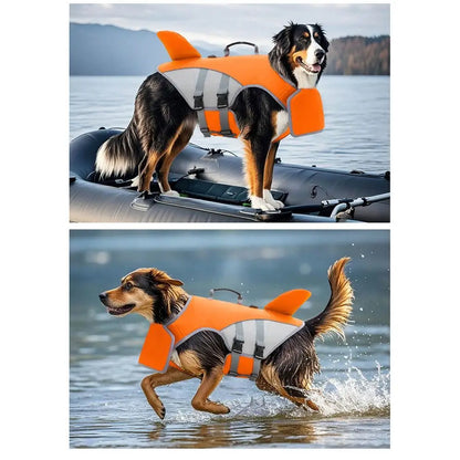 dog life jacket for boating and swimming, orange adjustable vest with quick-release buckle and back traction hook