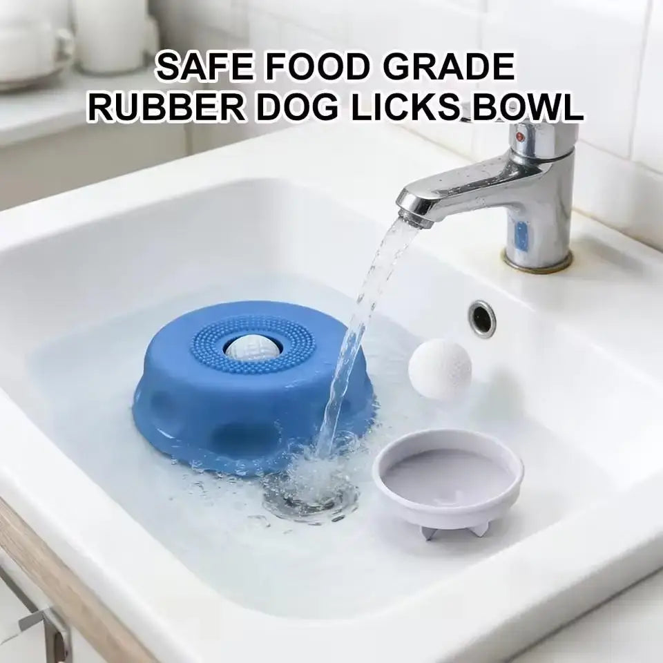 Blue slow feeder dog bowl in sink with water, safe food grade rubber lick bowl for healthy, calm eating