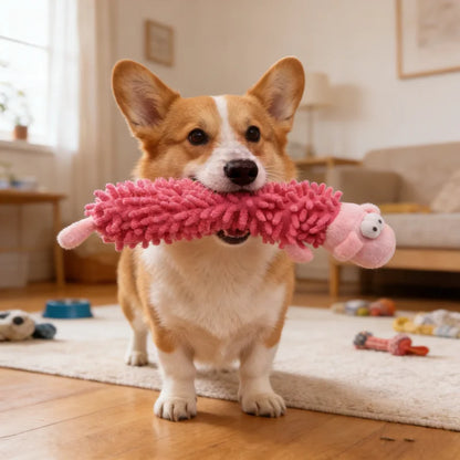 Corgi playing with a squeaky plush dog chew toy, pink mop-fur pig design for interactive chewing and training