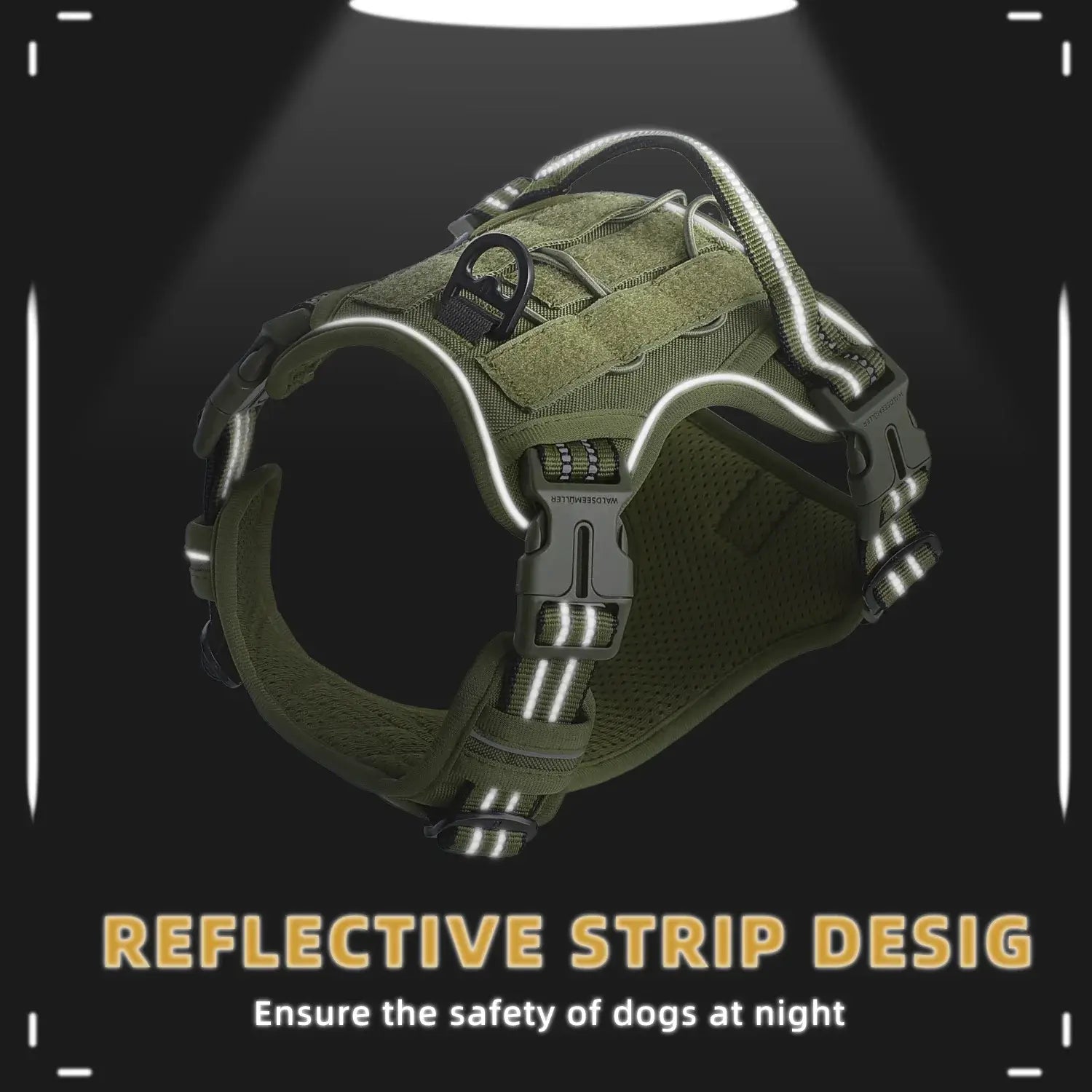 tactical no pull dog harness reflective green MOLLE vest for medium and large dogs, adjustable breathable military-style harness