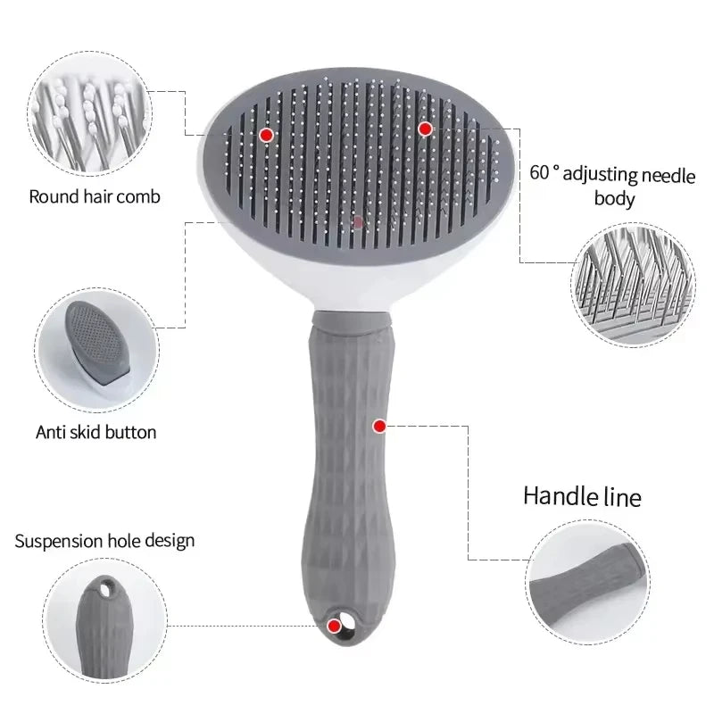 Gray ergonomic dog grooming brush with round pins, anti-skid handle, and suspension hole.