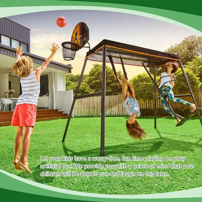 Kids enjoying playtime on artificial turf lawn with swings and basketball hoop for worry-free outdoor fun.