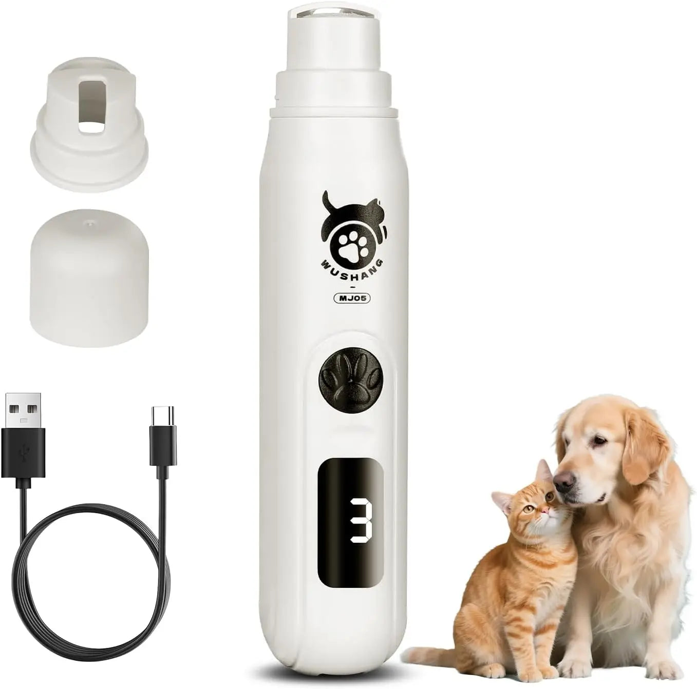 electric dog nail grinder with 3-speed digital display, USB-C rechargeable pet nail trimmer for cats and dogs