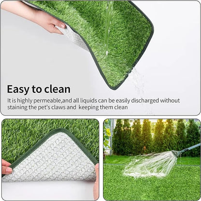Artificial grass mat for dogs, easy to clean, water permeable pet turf shown being rinsed.