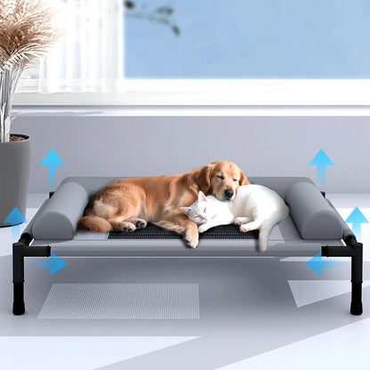 Elevated cooling dog cot bed with breathable mesh, pillow, and pet-friendly design for indoor, outdoor, camping, and patio use