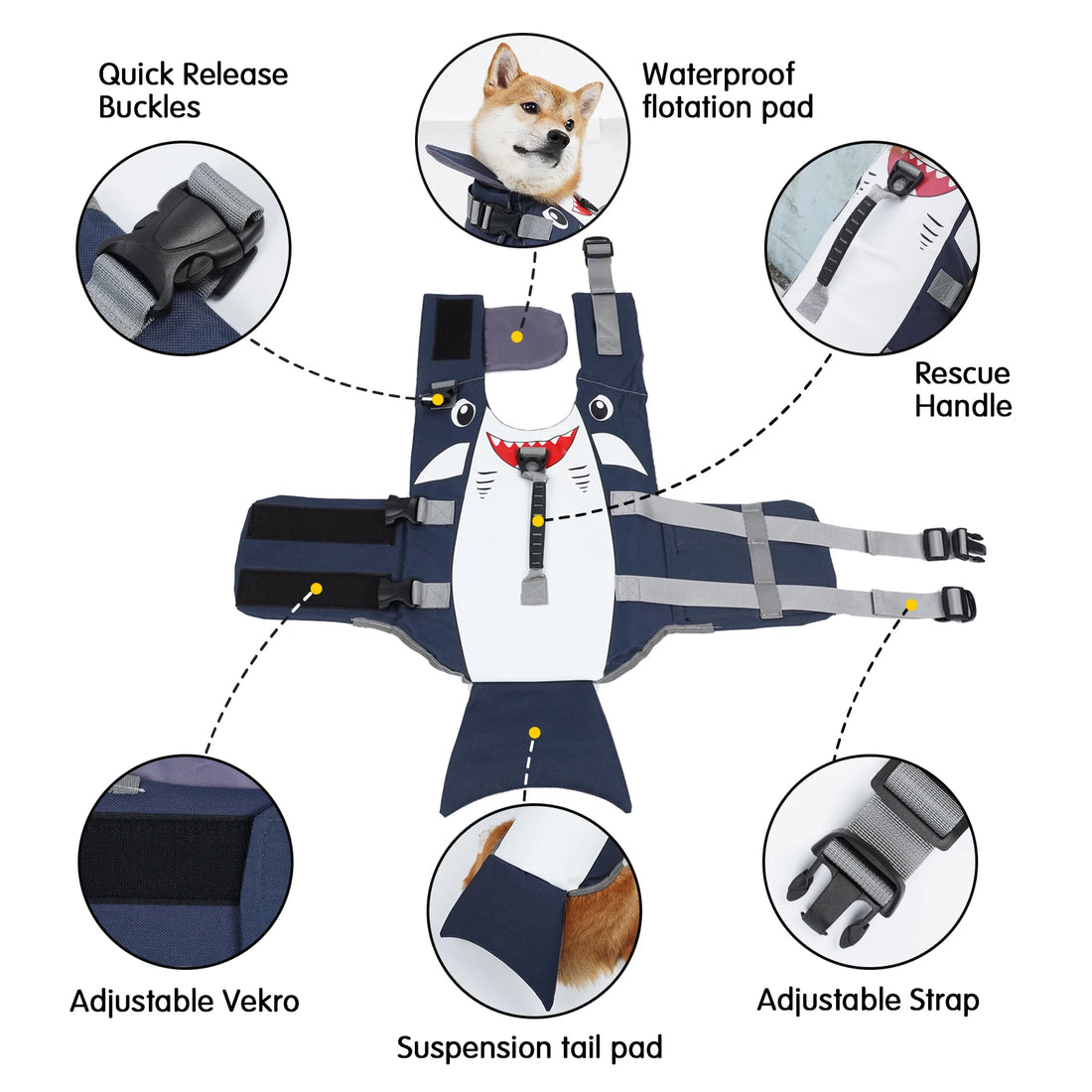 shark dog life jacket with rescue handle, waterproof flotation pad, adjustable straps, quick release buckles