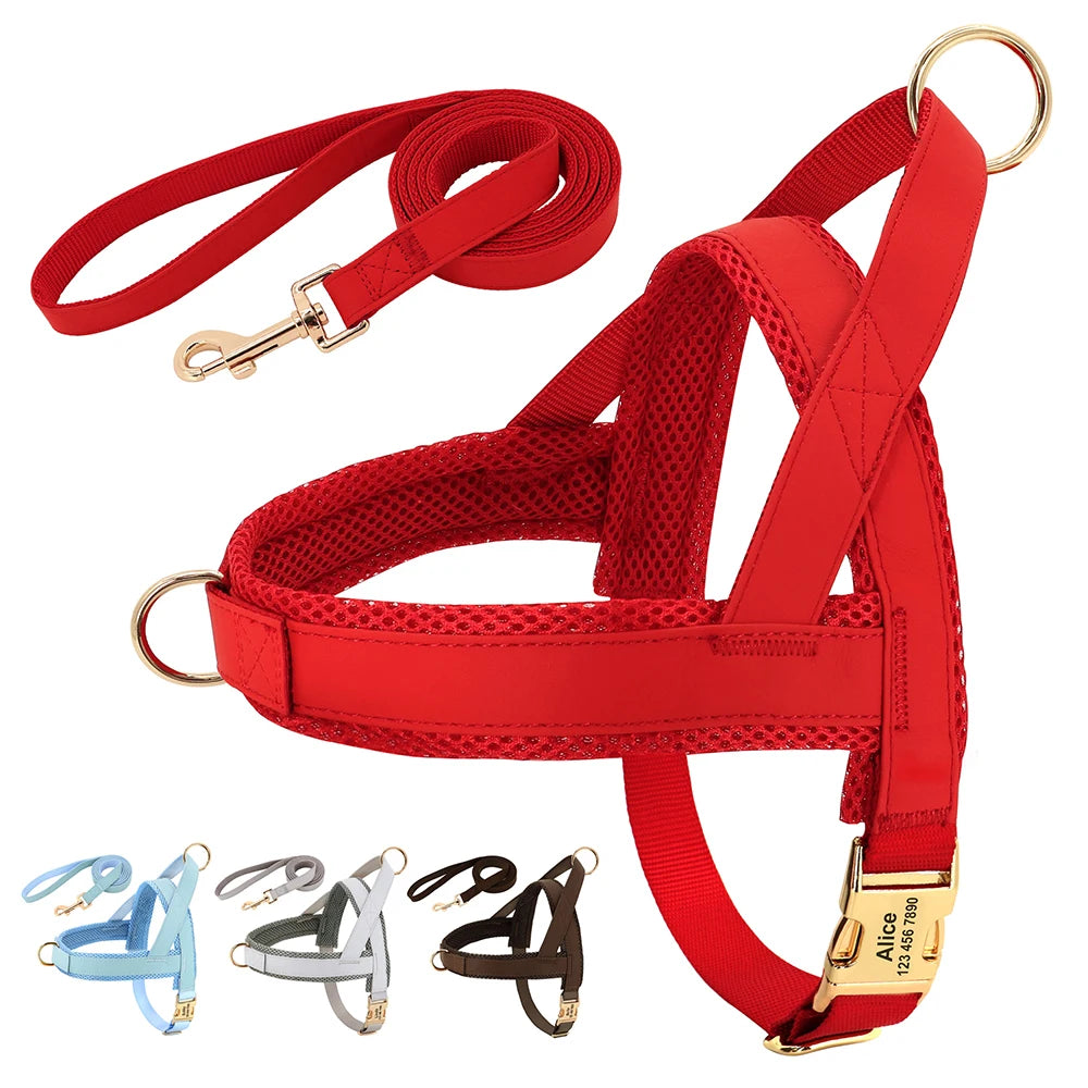 personalized no pull dog harness leash set red adjustable leather pet vest and lead for small medium large dogs