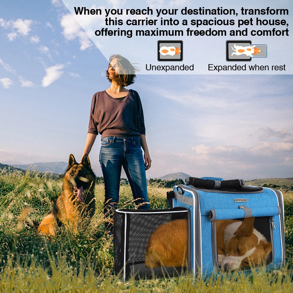 Dog Bike Basket, Expandable Soft-Sided Pet Carrier Backpack With 4 Open Doors, Collapsible Dog Bike Carrier 15 Lbs Soft-Sided Do in use.