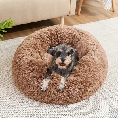 washable plush donut cat bed, cozy brown pet bed for cats and small dogs, soft calming winter sleeping nest