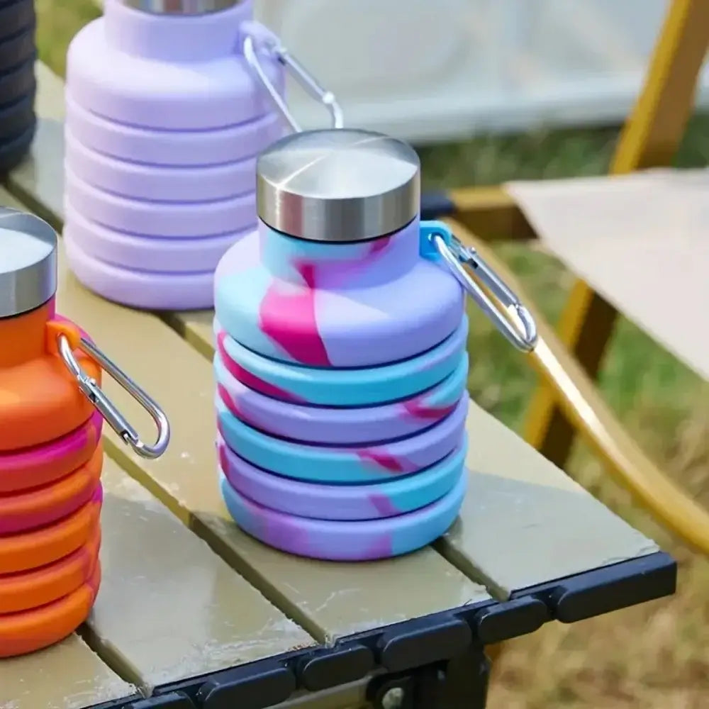 collapsible water bottle portable leak-proof foldable 500ml travel water bottle with carabiner for camping and hiking