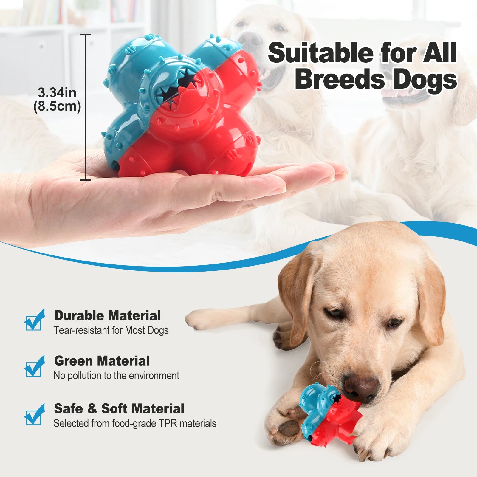 Labrador puppy chewing a durable blue and red dog toy, suitable for all breeds