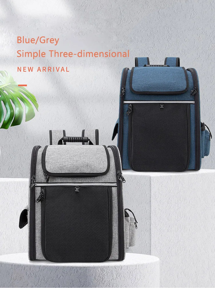 Expandable pet backpack carrier for cats and dogs, breathable foldable Oxford cloth backpack in blue and grey