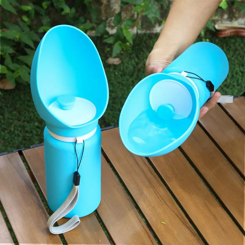 blue 550ml collapsible dog water bottle with drinking tray, portable leak-proof plastic pet hydration bottle for outdoor travel