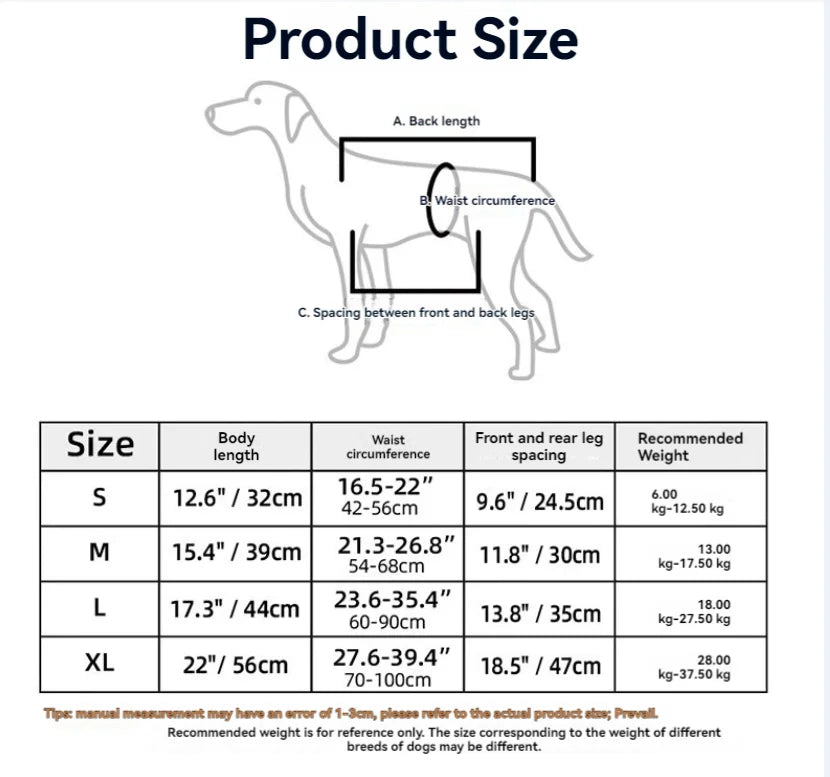 Dog size chart for apparel with measurements for body length, waist, leg spacing, and weight