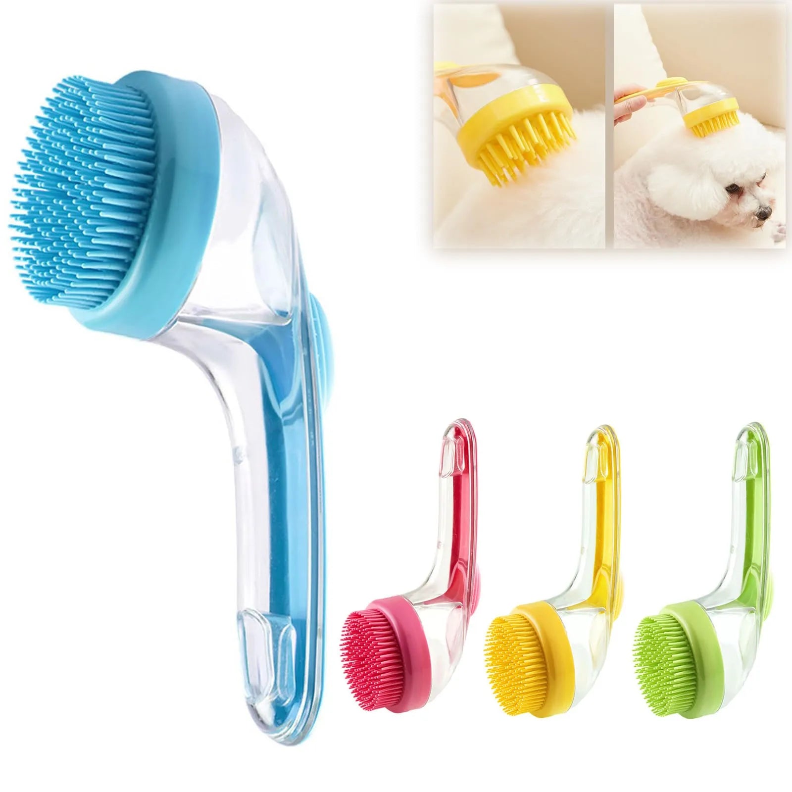 pet bath brush with shampoo dispenser silicone long handle grooming brush for dogs and cats, gentle massage and cleaning