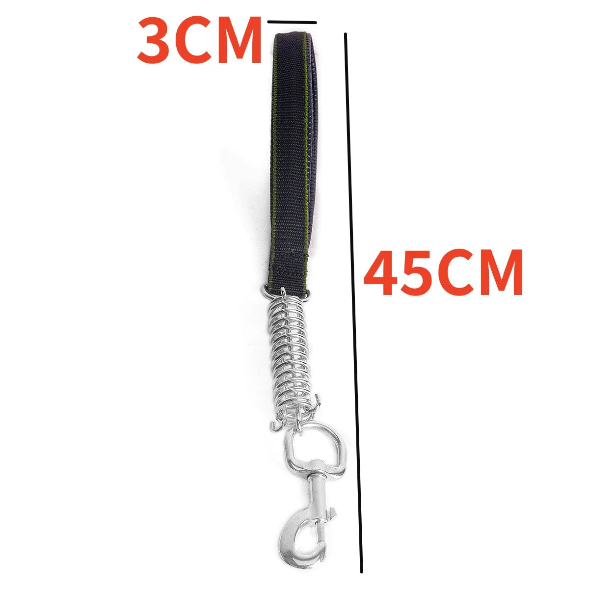 Black 45cm durable dog leash for large dogs with 3cm padded nylon handle and chew-proof spring chain