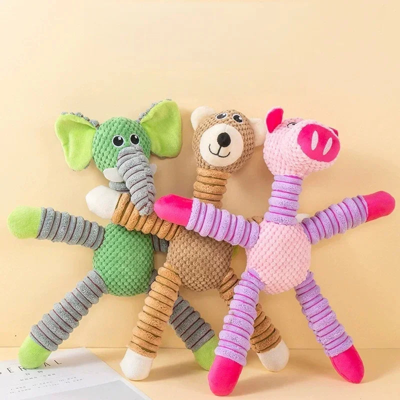 plush dog chew toy set with elephant, bear, and pig stuffed animals for small dogs, teething, interactive play