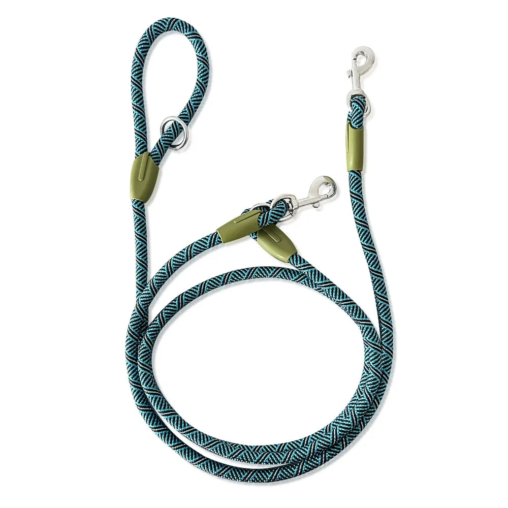 Durable blue and white rope dog leash with metal clips and adjustable loops on white background