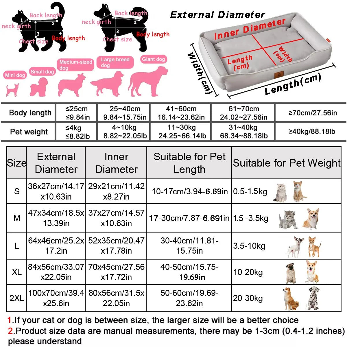 waterproof square dog bed for large dogs size chart with inner and outer dimensions for pets