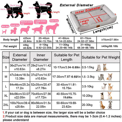 waterproof square dog bed for large dogs size chart with inner and outer dimensions for pets