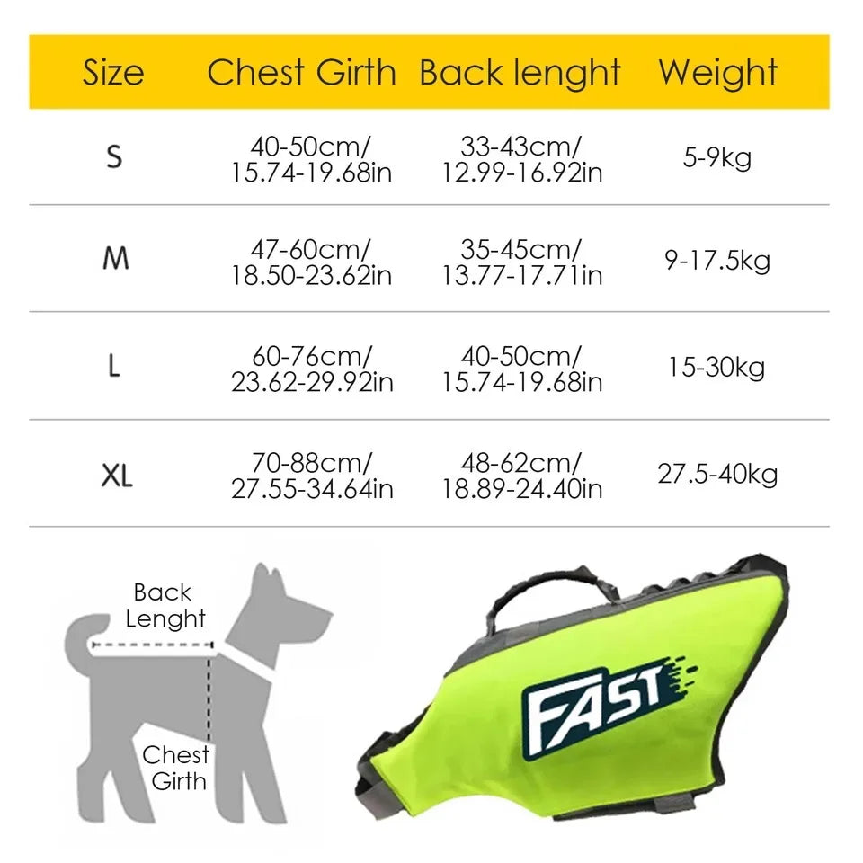 dog life jacket size chart with chest girth, back length, weight guide, and green adjustable reflective swim vest