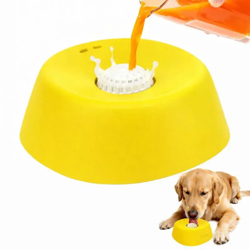 Yellow slow feeder dog lick bowl for liquid treats, anti-slip interactive feeder for dogs with bone broth and yogurt