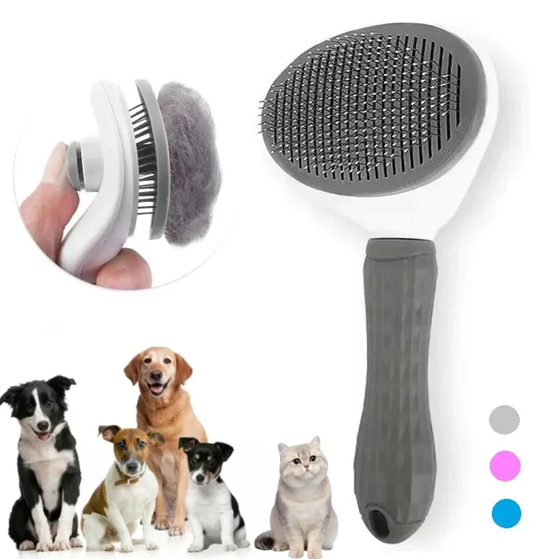 Self cleaning pet hair remover brush for dogs and cats, durable grooming comb with easy-clean design