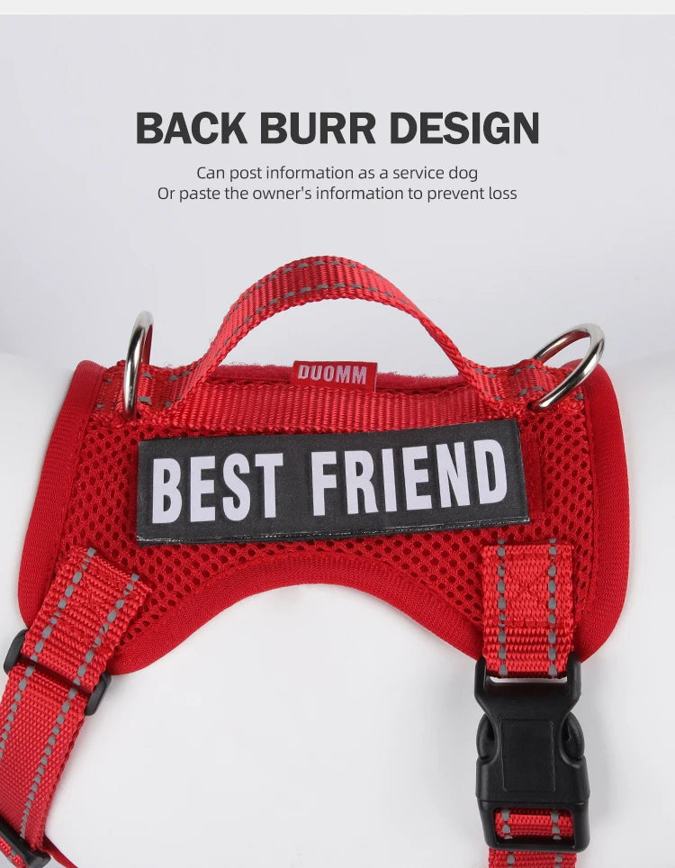 reflective dog harness and leash set red vest harness with back burr design and best friend patch for small dogs