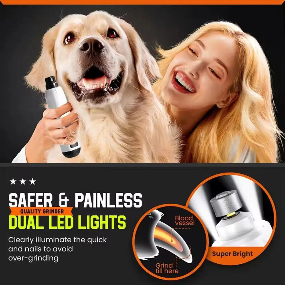 electric pet nail grinder for dogs and cats, low-noise rechargeable grooming tool with dual LED lights