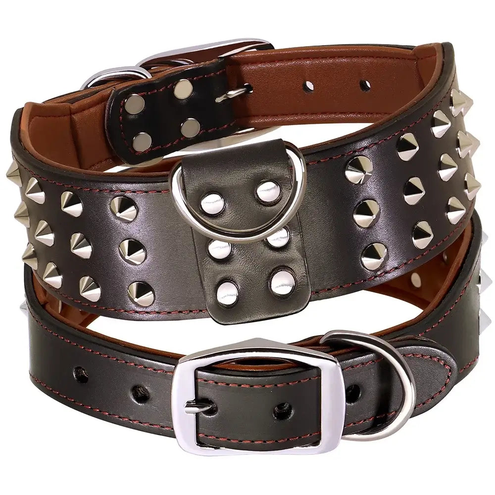 Black wide leather dog collar with silver studs, padded genuine leather, heavy-duty anti-bite collar for medium large dogs