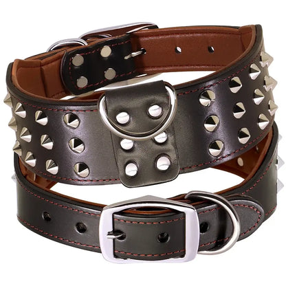Black wide leather dog collar with silver studs, padded genuine leather, heavy-duty anti-bite collar for medium large dogs