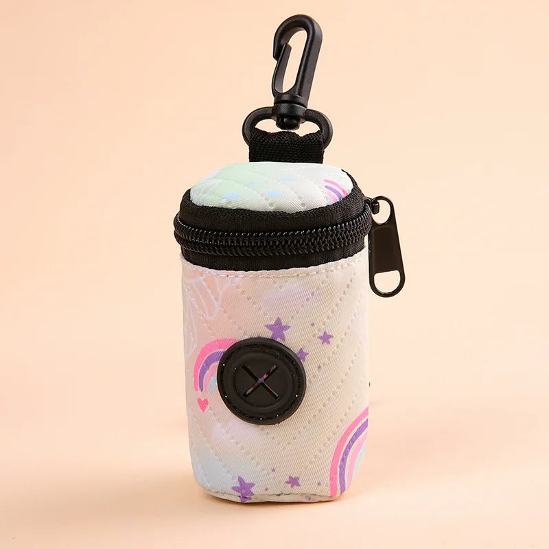 Rainbow print dog poop bag holder with zipper, clip, and dispenser opening