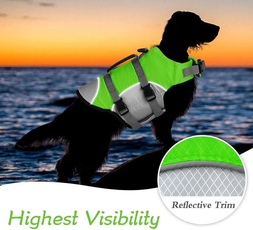 Adjustable dog life jacket for pets featuring highest visibility and reflective trim for safety in water.