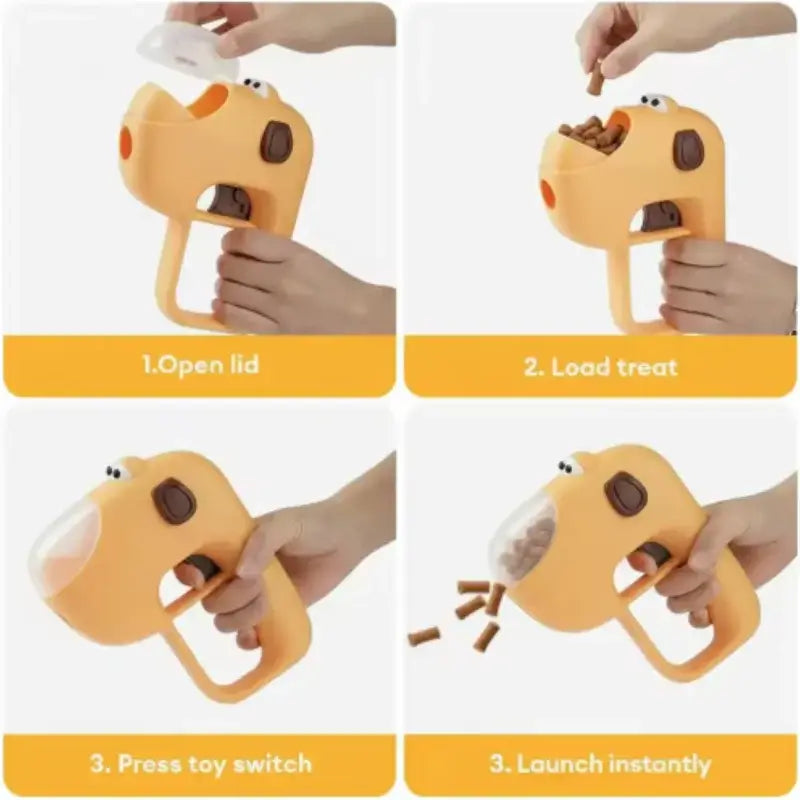 automatic pet treat dispenser for dogs and cats, interactive treat launcher toy with easy fill lid and instant reward launch