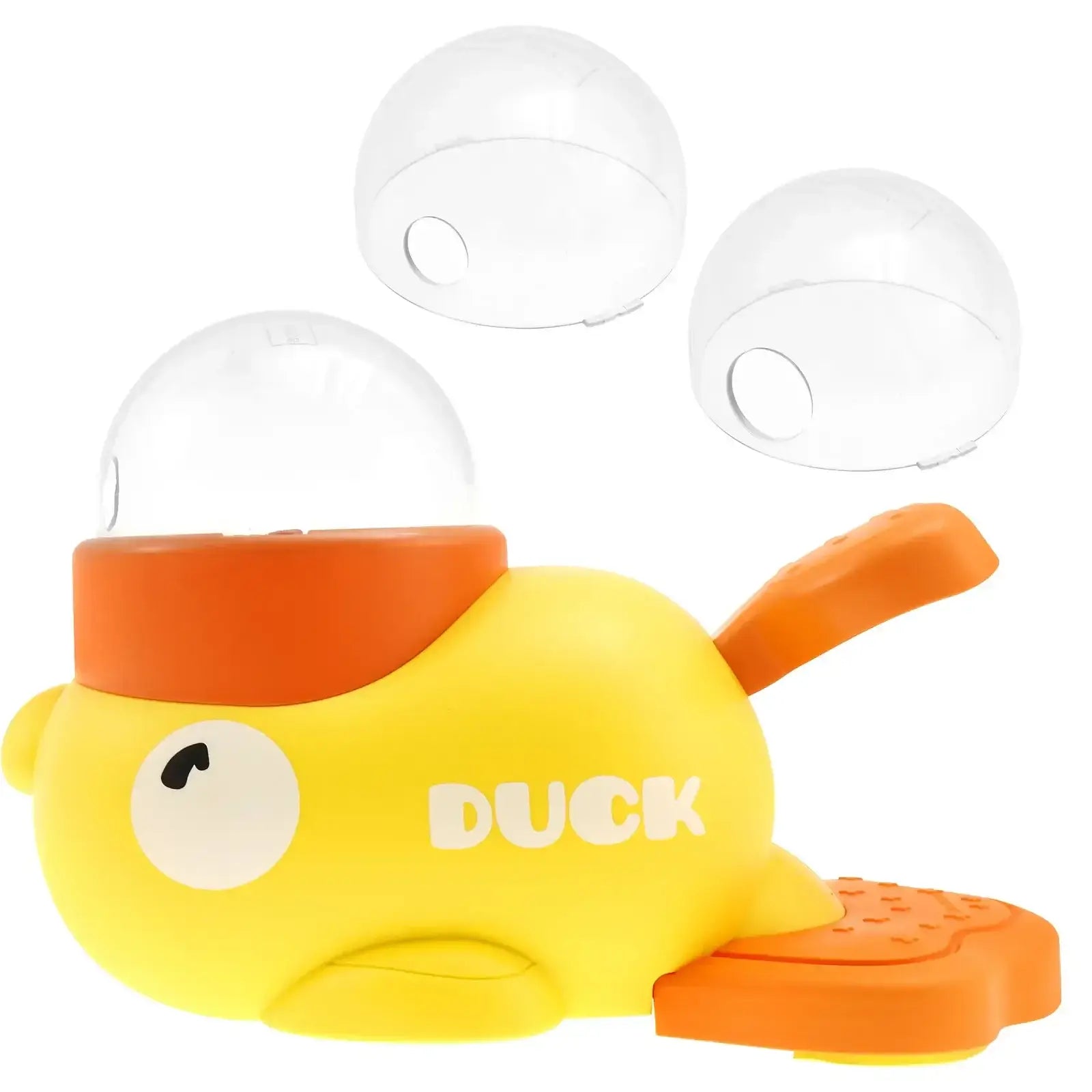 interactive slow feeder dog toy yellow duck plastic pet food dispenser with orange lid and clear covers