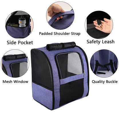 breathable cat carrier backpack with mesh window, padded shoulder strap, side pocket, safety leash, and quality buckle for travel