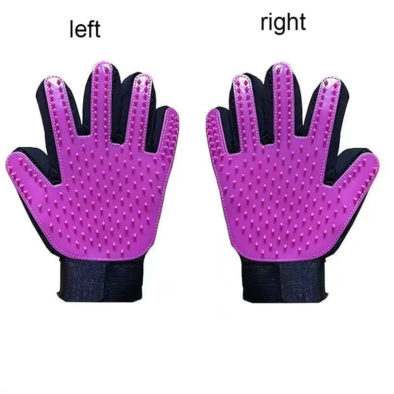 Purple left and right pet hair remover glove silicone grooming glove for dogs and cats, deshedding and massage brush