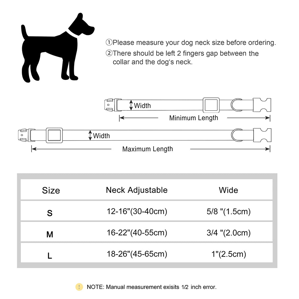 Reflective nylon dog collar with handle size chart for small, medium, and large dogs with adjustable neck measurements