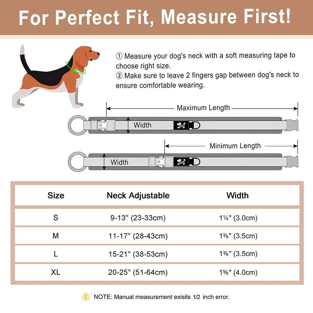 personalized nylon dog collar size guide with adjustable fit, free engraving, and neck measurement instructions for small to large dogs