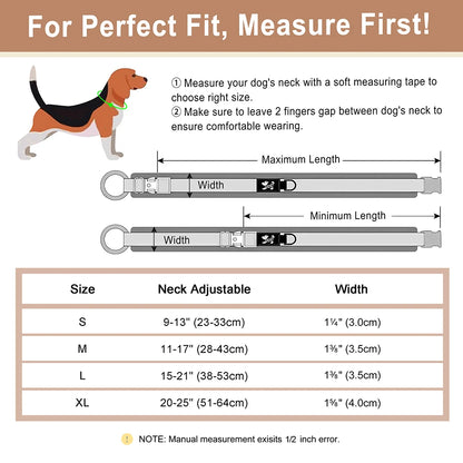 personalized nylon dog collar size guide with adjustable fit, free engraving, and neck measurement instructions for small to large dogs