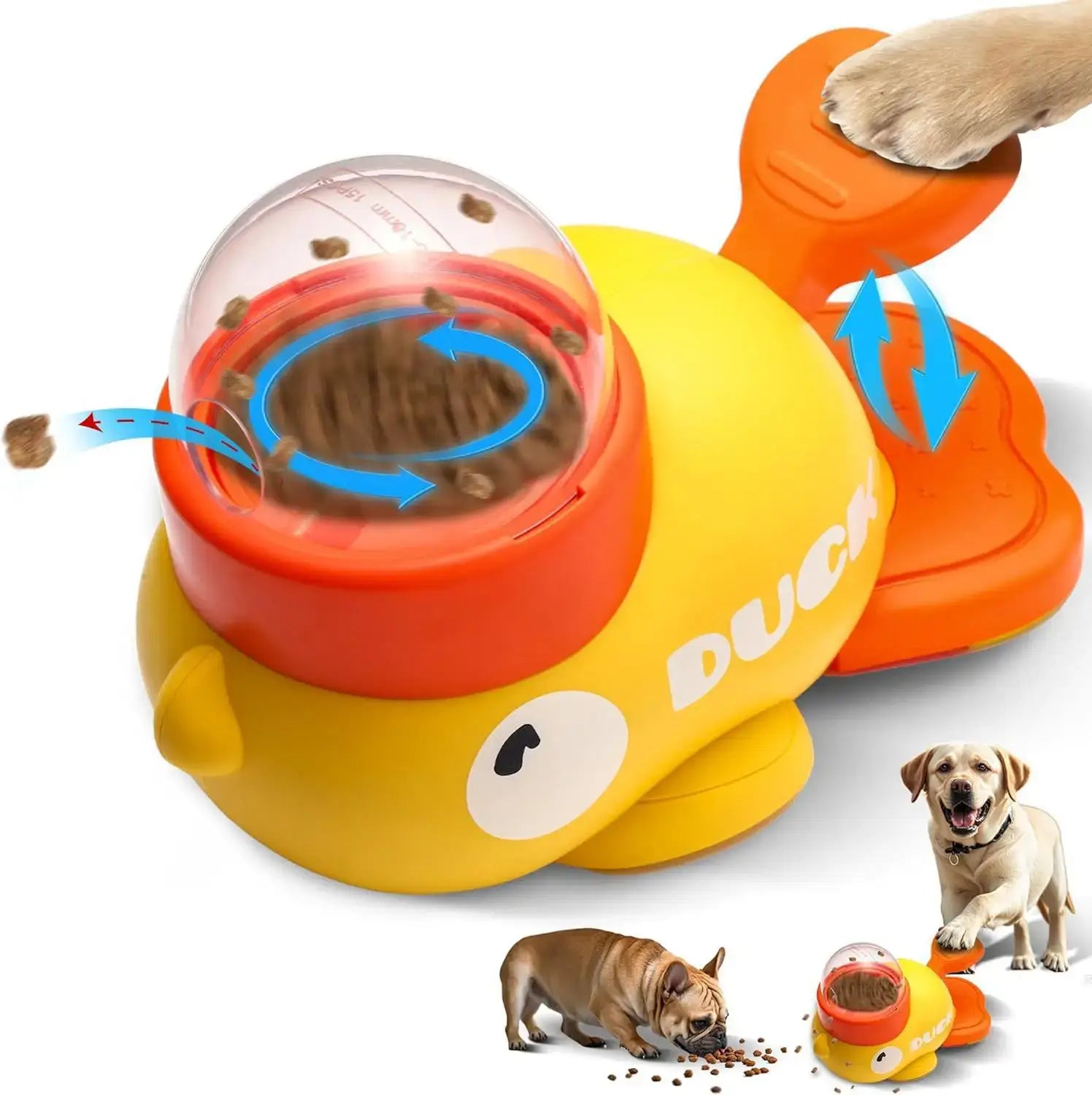 automatic pet feeder for cats and dogs cute duck interactive food dispenser for pets, yellow and orange
