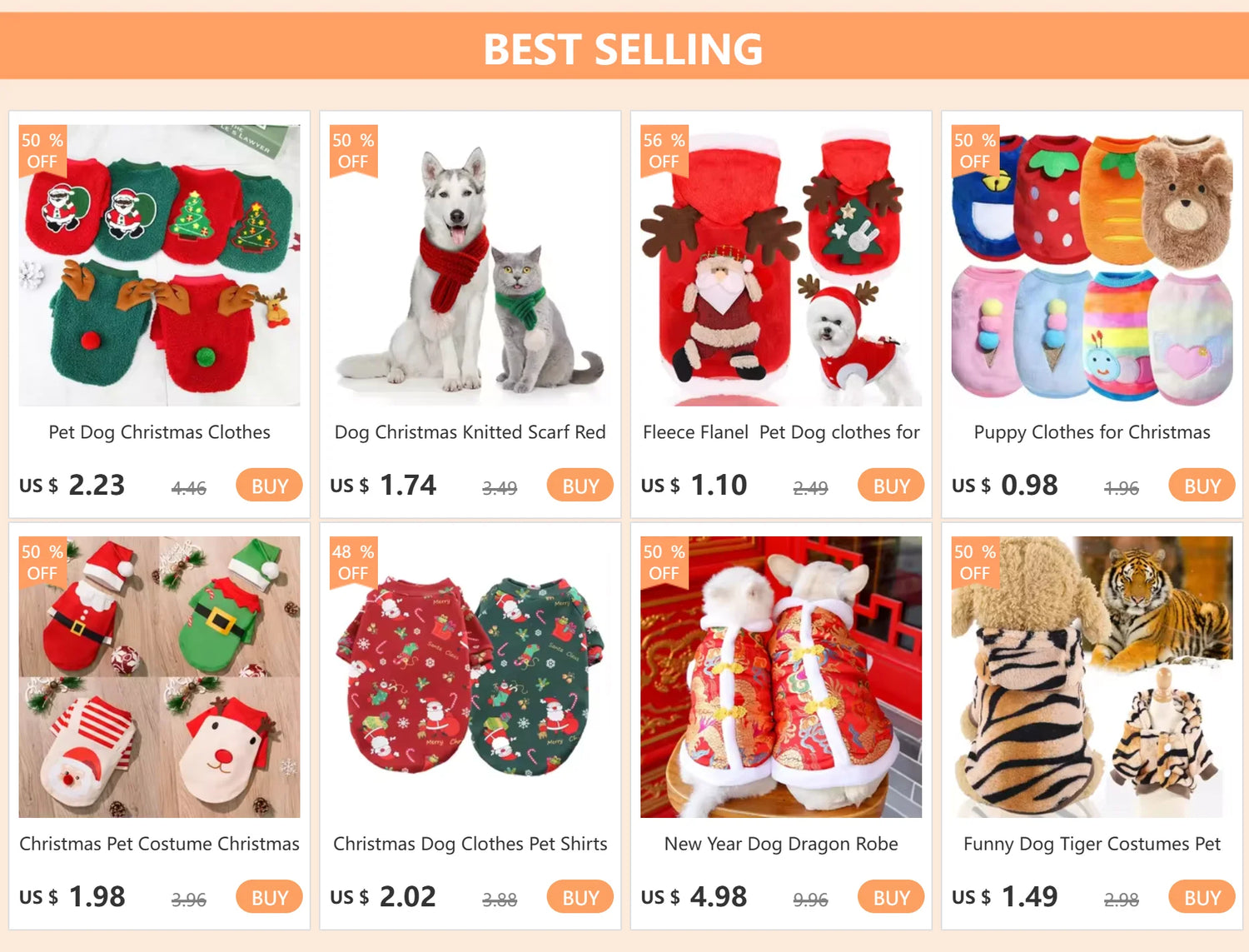 Collage of best-selling pet dog Christmas clothes, costumes, and sweaters on sale.