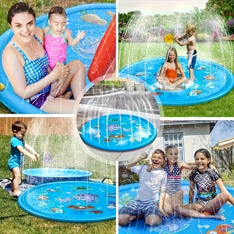 Children playing in a blue splash pad sprinkler pool with animal designs outdoors