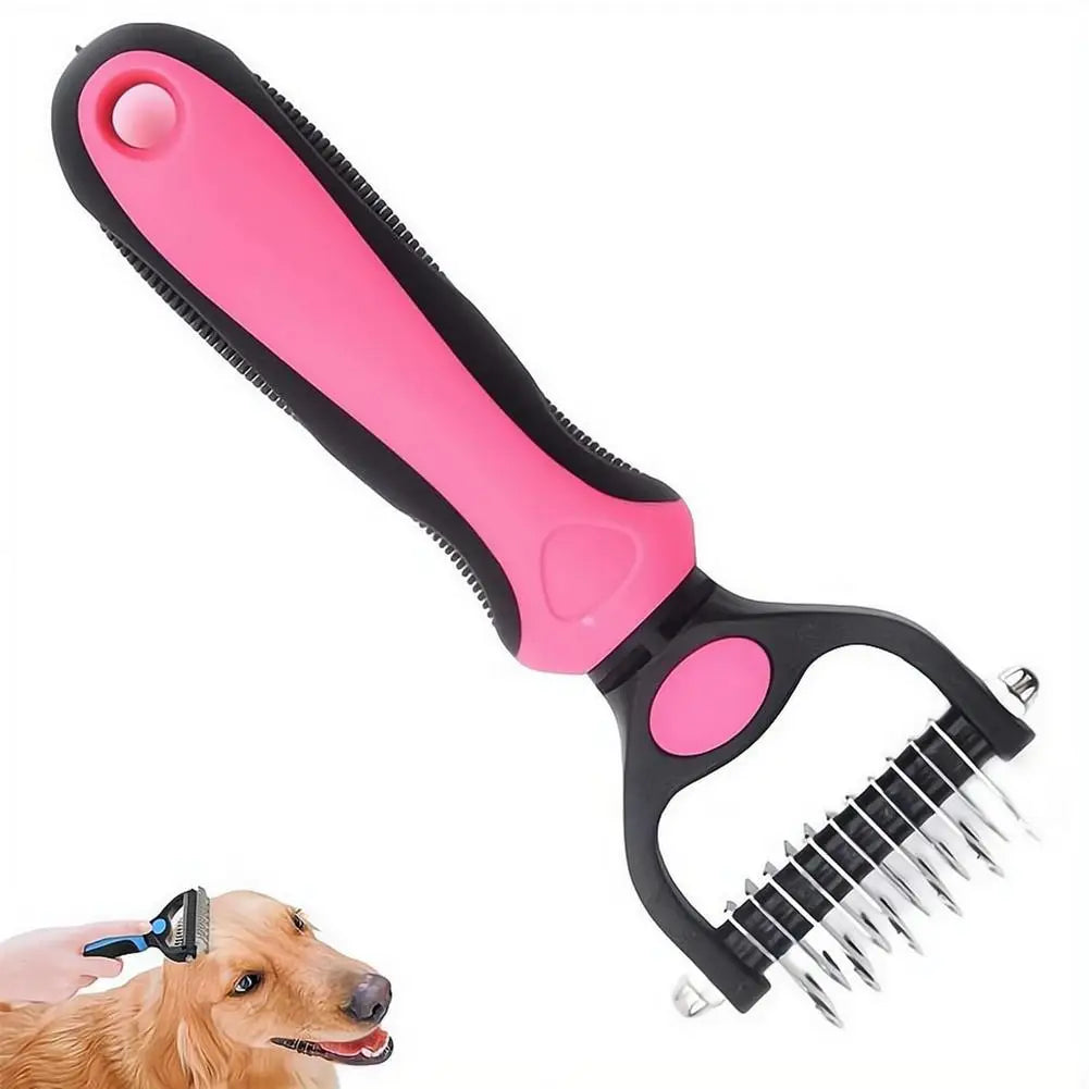 Pink and black dog deshedding brush for removing loose fur and mats on dogs and cats, grooming tool